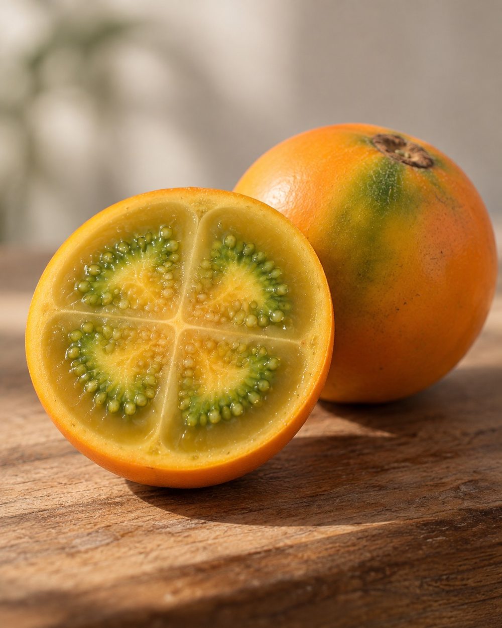 lulo partido a la mitad, cáscara naranja y pulpa verde, luz natural sobre madera