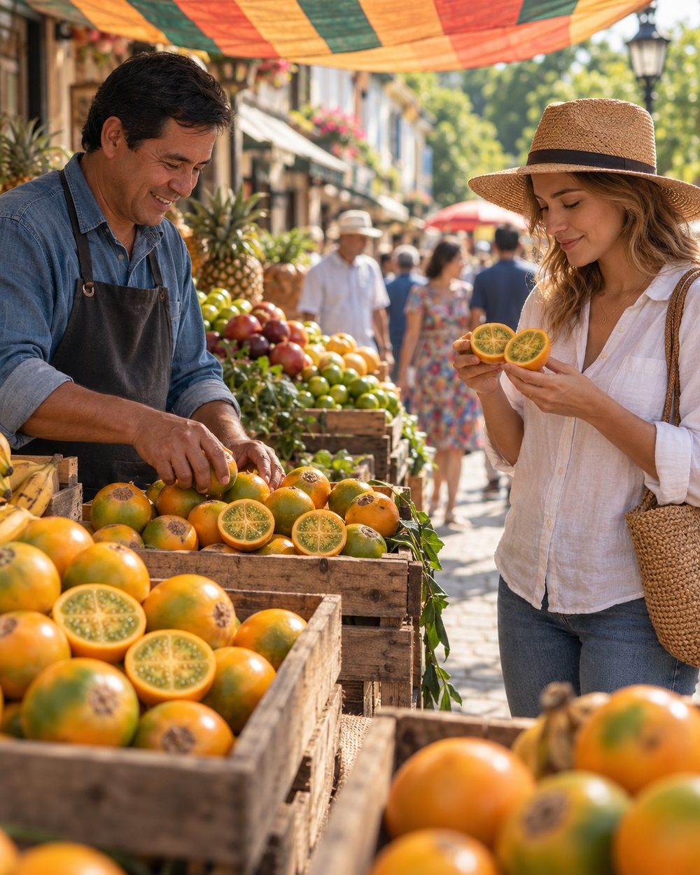 mercado callejero colombiano: un vendedor corta lulos frescos mientras una compradora sostiene dos mitades de la fruta, entre canastos de frutas de colores