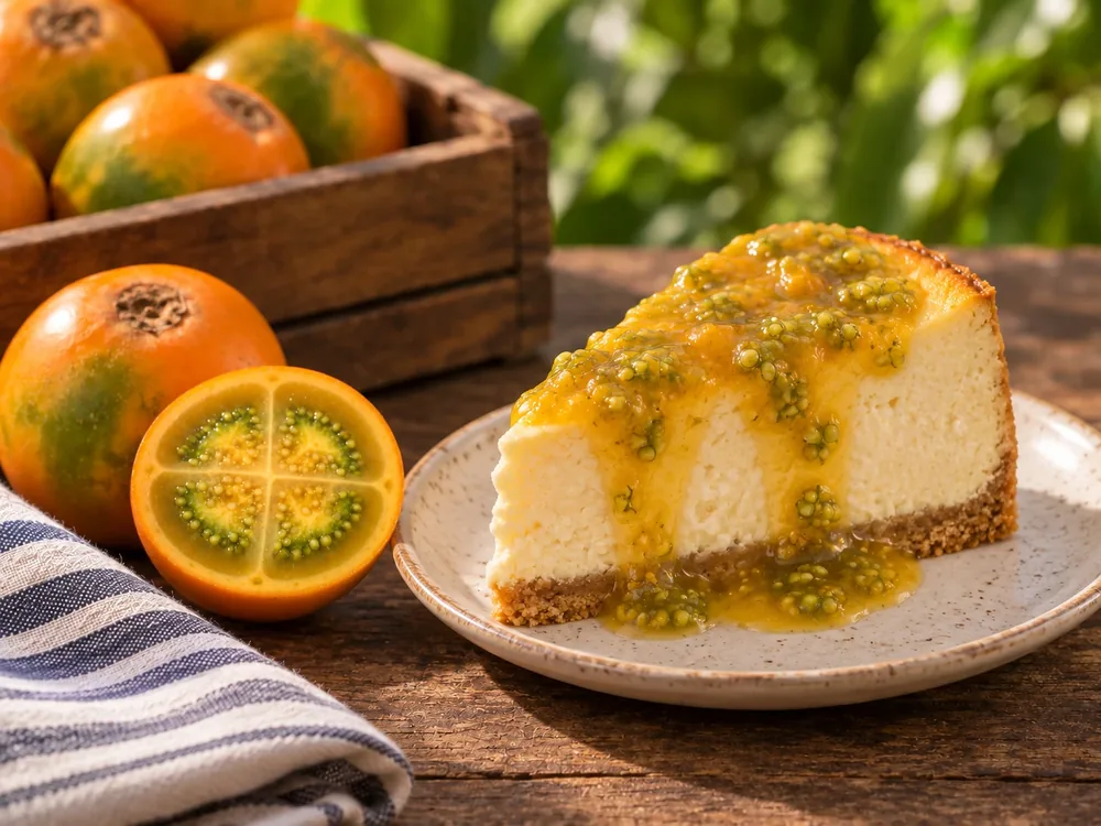 Porción de cheesecake cubierta con salsa de lulo.